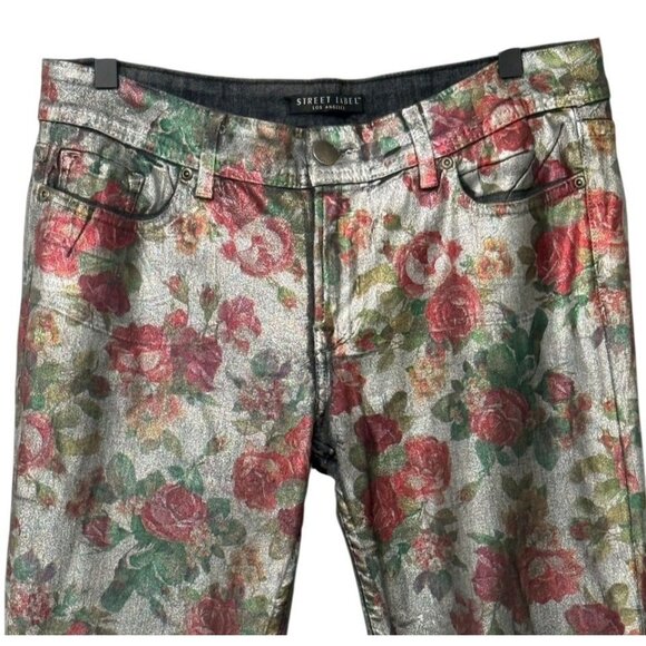 Street Label Los Angeles Coated Jeans Roses Floral Straight Metallic USA Size 32 - Picture 2 of 11